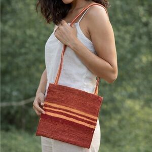 Large Vintage Kilim Wool Crossbody Bag -11" x 13" Hand Woven Red Stripe Boho